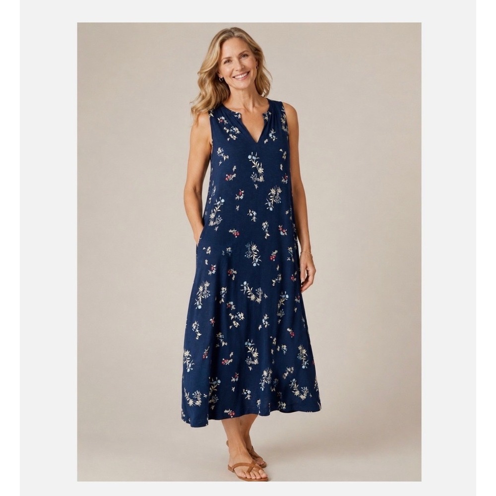 J. Jill Navy Blue Floral Sleeveless Maxi Dress Split Neck Pockets size Small NWT